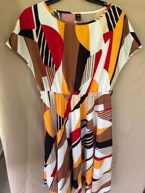 SHEIN Multicolor Geometric Print Short-Sleeve Dress - Red, Yellow, Brown, White